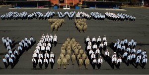 HISTORIC: Air force, army and navy personnel at RAAF Base Wagga form up to display RAAF Wagga 75 years. RAAF photographer, Sergeant Bill Guthrie, snapped the image 25 years on from the image he organised for the base's 50th.